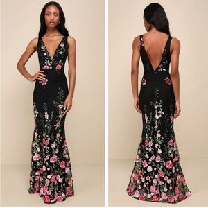 Lulu's Soirée Blossom Black Floral Mermaid Dress